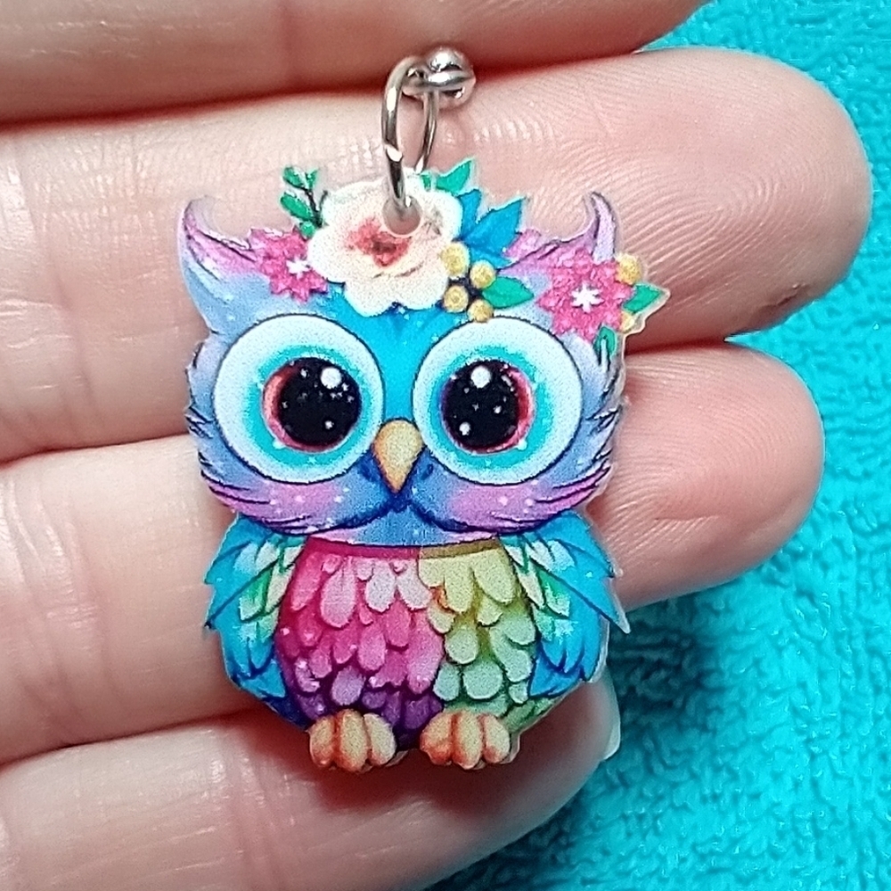 Cute colorful owl flower floral wire dangle earrings pink blue green